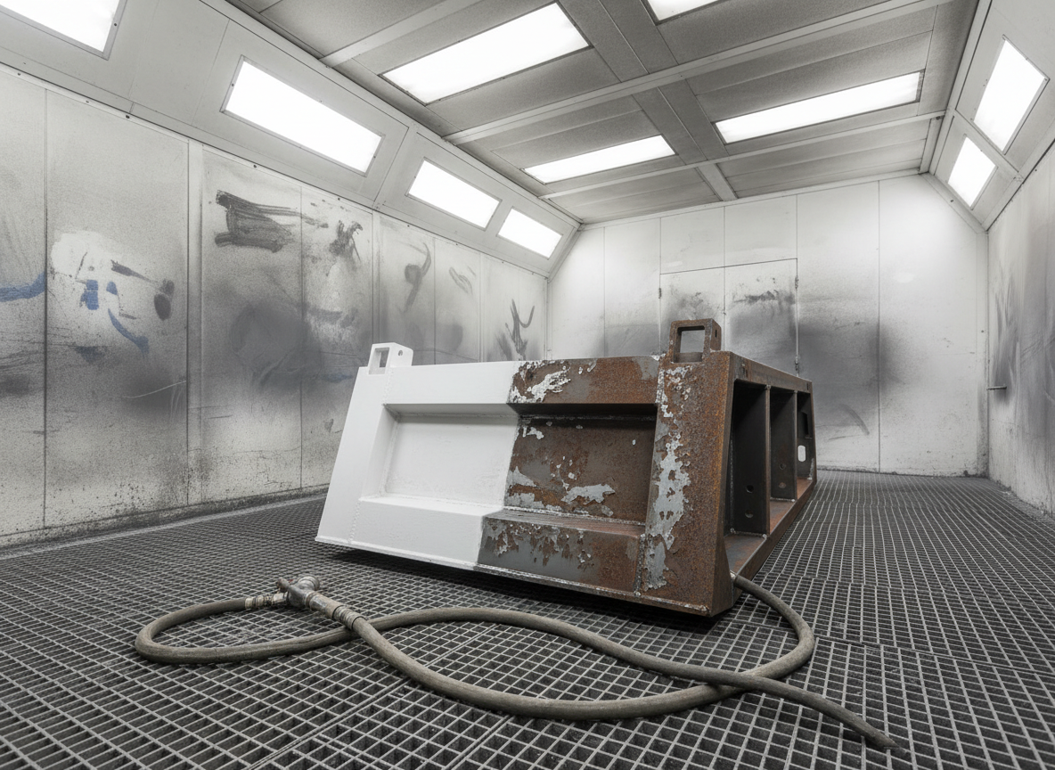 An industrial sandblasting booth interior with a robust steel frame part placed on a grated metal floor, its surface halfway cleaned from rust and old paint. The blasted section appears bright, uniform, and slightly rough, contrasting with the darker, corroded area. The booth walls are lined with worn but clean protective panels, and a thick sandblasting hose lies coiled near the part. Overhead diffused white lighting creates even illumination and soft shadows, emphasizing surface transformation. Captured from a low, three-quarter angle in photographic realism, with sharp focus throughout, the mood is technical and efficient, highlighting the preparatory sandblasting process before powder coating.