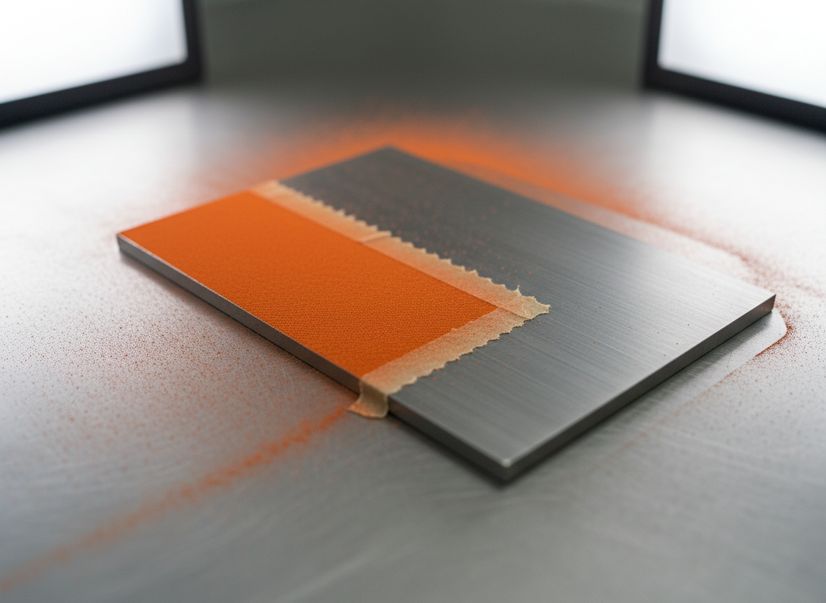 A close-up macro view of a freshly powder-coated metal plate, half masked to reveal the original raw steel beneath. The coated section is an intense orange with a perfectly uniform, slightly textured finish, while the uncoated steel shows faint machining marks. Tiny grains of powder are visible at the transition line. The plate rests on a stainless steel workbench with scattered, softly blurred powder residue in matching color tones. Neutral studio lighting from both sides highlights surface detail and creates subtle specular highlights without harsh reflections. Photographic realism, shallow depth of field, with the focus centered on the transition area to convey quality, durability, and technical precision in powder coating.