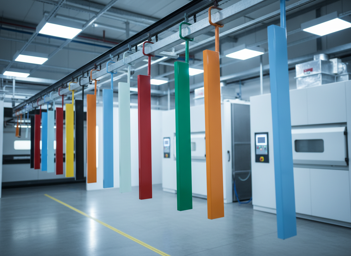 A line of meticulously coated metal profiles and brackets in vibrant RAL colors, from matte black to bright red and sky blue, hanging from a conveyor track inside a modern powder coating plant. The steel pieces show a flawlessly smooth, even finish, edges crisp and clean. In the background, out of focus, stand large white powder coating cabins and curing ovens with clean control panels. Cool, diffused industrial lighting from overhead panels creates soft reflections on the coated surfaces and gentle shadows on the polished concrete floor. Shot at eye level with a slight diagonal perspective, photographic realism, emphasizing precision, cleanliness, and a professional, high-tech atmosphere suitable for a powder coating business homepage.
